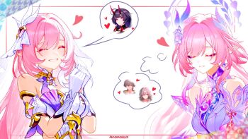 2girls anomalyxann bare_shoulders breasts caelus_(honkai:_star_rail) commentary company_connection corset cyrene_(honkai:_star_rail) cyrene_(ripples_of_past_reverie)_(honkai:_star_rail) earrings elf elysia_(herrscher_of_human:_ego)_(honkai_impact) elysia_(honkai_impact) english_commentary gloves hair_ornament halo highres honkai:_star_rail honkai_(series) honkai_impact_3rd inoue_marina jewelry large_breasts long_hair multicolored_hair multiple_girls pink_hair pointy_ears raiden_mei raiden_mei_(herrscher_of_thunder) smile spoken_character stelle_(honkai:_star_rail) trailblazer_(honkai:_star_rail) trait_connection triquetra two-tone_hair very_long_hair voice_actor_connection white_corset white_gloves white_hair yanning