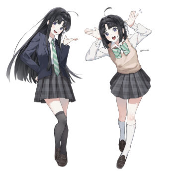 1girl ahoge awa_subaru black_hair black_shoes black_thighhighs blue_jacket brown_sweater_vest commentary diagonal-striped_clothes diagonal-striped_necktie girls_band_cry green_necktie grey_skirt hair_ribbon hand_up hands_up highres jacket kneehighs loafers long_hair medium_hair mu_ooa multiple_views necktie official_alternate_hair_length official_alternate_hairstyle open_mouth plaid_clothes plaid_skirt pleated_skirt purple_eyes ribbon school_uniform shirt shoes simple_background skirt socks striped_clothes sweater_vest teeth thighhighs unmoving_pattern upper_teeth_only white_background white_ribbon white_shirt white_socks