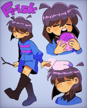 burger child colored_skin eating food frisk_(undertale) open_mouth shio_tou shorts teeth toriel undertale upper_teeth_only utdr_(toby_fox) yellow_skin