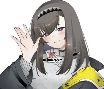 1girl absurdres arknights arknights:_endfield arm_up artist_name black_hairband black_jacket blush brown_hair closed_mouth cosplay diamond-shaped_pupils diamond_(shape) dr.deims_(dim5s) endministrator_(arknights) female_endministrator_(arknights) female_endministrator_(arknights)_(cosplay) grey_sweater hairband highres jacket long_sleeves looking_at_viewer medium_hair priestess_(arknights) purple_eyes simple_background smile solo sweater symbol-shaped_pupils watermark waving white_background