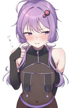 1girl ahoge black_shirt blush breast_curtains commentary_request cropped_shirt hair_ornament highres looking_to_the_side parted_lips purple_eyes purple_hair shirt short_hair_with_long_locks shun_(b.c) sidelocks simple_background sleeveless sleeveless_shirt solo translation_request upper_body voiceroid white_background yuzuki_yukari zipper