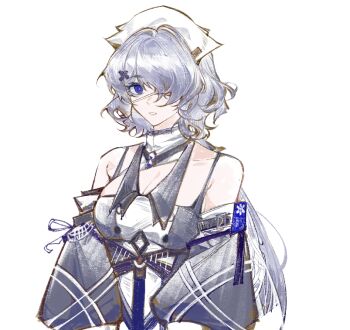 1girl arknights bare_shoulders black_dress breasts chinese_commentary cleavage commentary_request dress eyepatch hair_ornament hair_over_one_eye haishen_miwang_de_jiyi hat long_hair looking_at_viewer medium_breasts one_eye_covered parted_lips purple_eyes purple_hair simple_background solo star_of_life upper_body whisperain_(arknights) white_background white_hat x_hair_ornament