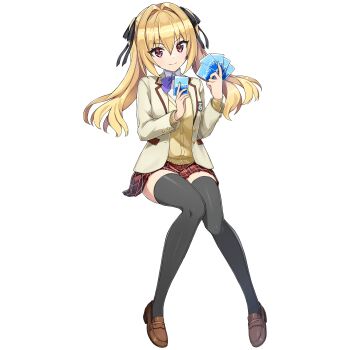 Rule 34 | 1girl, black ribbon, black thighhighs, blonde hair, bow, bowtie, brown shoes, card, cardigan, closed mouth, dolphin wave, full body, game cg, hair intakes, hair ribbon, highres, holding, holding card, invisible chair, jacket, kazami ellen, long hair, looking at viewer, non-web source, official art, ootomo takuji, plaid clothes, plaid skirt, purple bow, purple bowtie, rebirth for you, red eyes, red skirt, ribbon, shoes, sitting, skirt, smile, solo, thighhighs, transparent background, twintails, yellow cardigan, yellow jacket