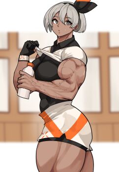 Rule 34 | 1girl, absurdres, bea (pokemon), commentary request, highres, musctonk, muscular, muscular female, nintendo, pokemon, pokemon swsh, solo, sweat, thick thighs, thighs, veins