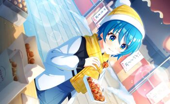 1boy apron blue_eyes blue_hair blurry blurry_background blush commentary_request depth_of_field food game_cg hat highres kitchen licking_lips long_sleeves looking_at_viewer male_focus official_art scarf shop smile solo third-party_source toneri_nikako tongue tongue_out world_dai_star