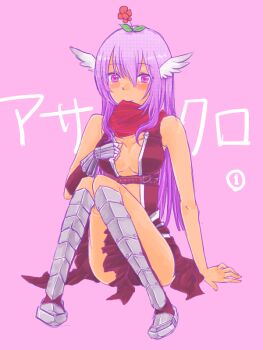 1girl armored_boots assassin_cross_(ragnarok_online) blush boots breasts brown_gloves brown_leotard closed_mouth commentary_request feathered_wings fingerless_gloves flower flower_on_head full_body gloves head_wings kikko. leotard long_hair looking_at_viewer medium_breasts mouth_hold pink_background pink_eyes pink_flower purple_hair ragnarok_online red_scarf revealing_clothes scarf simple_background single_glove sitting smile solo white_wings wings