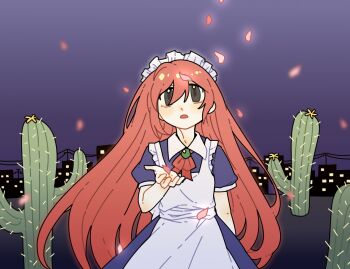 Rule 34 | 1girl, apron, bai he, blue dress, brooch, cactus, commentary request, dress, gem, green eyes, green gemstone, jewelry, long hair, maid, maid apron, maid headdress, open hand, open mouth, petals, red ribbon, ribbon, seihou, short sleeves, solo, very long hair, vivit