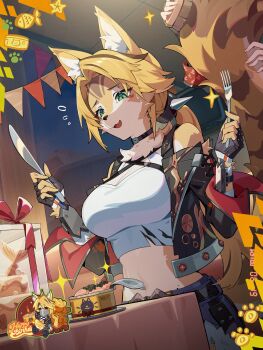2girls animal_ear_fluff animal_ears birthday black_choker black_gloves black_jacket blonde_hair blue_shorts body_fur box breasts brown_fur brown_hair brushing_tail burnice_white cake can canned_fish cat_ears cat_girl cat_tail chibi choker cleavage clothing_cutout commentary crop_top cropped_jacket cross-laced_clothes cross-laced_sleeves denim denim_shorts english_commentary fingerless_gloves fish fish_(food) flying_sweatdrops food fork furry furry_female gift gift_box gloves green_eyes hair_brush hands_up happy_birthday highres holding holding_another&#039;s_tail holding_fork holding_hair_brush holding_knife jacket knife large_breasts long_hair long_sleeves low_ponytail midriff multicolored_fur multicolored_hair multiple_girls night official_art open_clothes open_jacket open_mouth paw_print ponytail pulchra_fellini shirt shorts shoulder_cutout sleeve_cuffs solo_focus sparkle star_(symbol) streaked_hair string_of_flags sweatdrop table_knife tail white_fur white_shirt yellow_fur zenless_zone_zero
