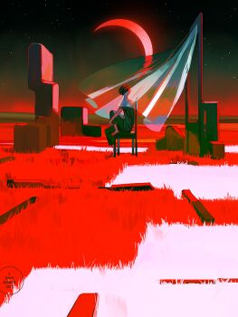 1boy artist_logo barefoot black_hair black_pants black_shirt black_sky black_theme chair commentary crescent_moon curtains english_commentary facing_away floating_curtains from_behind gradient_sky grass green_sky horizon hugging_own_leg knee_up limited_palette logo loika looking_afar male_focus moon night night_sky on_chair original outdoors pants plank red_sky red_theme rock scenery see-through_curtains shadow shirt short_sleeves sitting sky star_(sky) starry_sky structure white_theme wind wind_lift window window_shadow wooden_chair