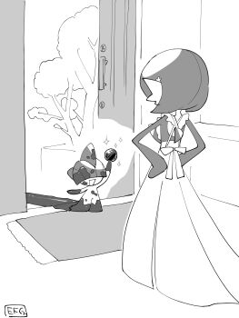 1girl 1other absurdres apron arm_up artist_name back_bow blunt_bangs bob_cut bow bowl_cut child covered_eyes dirty door facing_another facing_away flower frilled_apron frills from_behind full_body gardevoir gen_3_pokemon greyscale hair_flower hair_ornament hair_over_eyes hands_on_own_hips happy highres hime_takeo holding indoors monochrome mud nintendo open_door open_mouth pokemon pokemon_(creature) ralts short_hair signature sketch smile sparkle standing tree