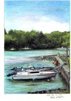 absurdres baden_hiroshi blue_sky boat border colored_pencil_(medium) commentary_request dated day forest highres nature no_humans original outdoors river scenery sky traditional_media translation_request watercraft white_border