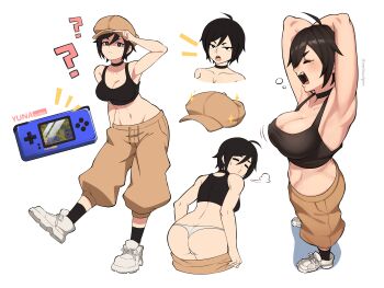 1boy 1girl absurdres adjusting_clothes adjusting_headwear ass baggy_pants black_hair breasts bright_pupils brown_headwear brown_pants butt_crack newsboy_cap reference_sheet choker cleavage clothes_pull final_fantasy final_fantasy_tactics_advance from_behind handheld_game_console hat highres looking_back marche_radiuju mrhardpen navel open_mouth original panties pants pants_pull pulling_own_clothes shoes short_hair simple_background socks standing standing_on_one_leg stretching tsurime twitter_username underwear white_background white_pupils yawning yuna_(mrhardpen)