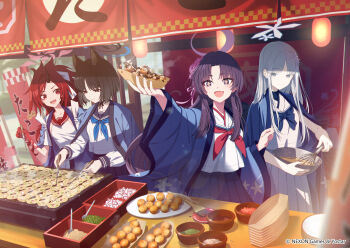 4girls animal_ear_fluff animal_ears azumi_akitake black_eyes black_hair blue_archive blue_eyes blue_halo blue_haori blue_neckerchief blue_sailor_collar blue_skirt blush bowl cat_ears cat_girl closed_mouth colored_skin commentary_request cooking food food_stand grey_eyes hair_ribbon halo haori highres holding holding_bowl holding_food holding_whisk horns hyakkaryouran_(blue_archive) japanese_clothes kikyou_(blue_archive) long_hair looking_at_another mixing multicolored_skin multiple_girls nagusa_(blue_archive) neckerchief open_mouth ponytail purple_eyes purple_hair purple_halo red_eyes red_hair red_halo red_neckerchief red_sailor_collar red_skin renge_(blue_archive) ribbon sailor_collar shirt single_horn skirt sleeveless sleeveless_shirt smile takoyaki whisk white_hair white_halo white_ribbon white_shirt white_skirt wide_sleeves yukari_(blue_archive)