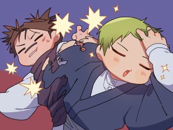 Rule 34 | 2boys, adjusting hair, black hair, blush, choso (jujutsu kaisen), closed eyes, closed mouth, commentary request, face punch, facial mark, green hair, hand in own hair, highres, in the face, japanese clothes, jujutsu kaisen, male focus, multiple boys, punching, ranryu330, short hair, short twintails, sparkle, twintails, upper body, zen'in naoya