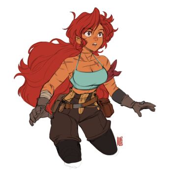 1girl armband bandaged_arm bandages bare_shoulders belt belt_pouch black_pantyhose breasts brown_belt brown_eyes brown_gloves brown_shorts cleavage commentary crop_top cropped_legs dark-skinned_female dark_skin david_liu english_commentary eyelashes gloves long_hair maria_(space_maria) midriff open_mouth pantyhose pouch red_armband red_hair scar scar_on_arm scar_on_neck scar_on_shoulder shorts simple_background solo space_maria teeth upper_teeth_only very_long_hair white_background