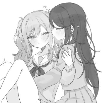 2girls blush closed_eyes commentary greyscale hand_on_another's_shoulder heart highres hoshino_ichika_(project_sekai) kissing_ear long_hair monochrome mu_ri003 multiple_girls neckerchief one_eye_closed pleated_skirt project_sekai sailor_collar school_uniform serafuku skirt sweat tenma_saki yuri