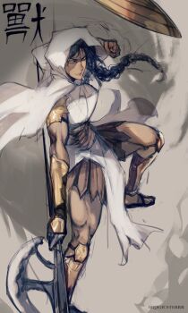 1girl absurdres arm_guards armor axe black_gloves black_hair braid clenched_hand cloak corset effie_(shadow_slave) fighting_stance from_above full_body gloves grin highres holding holding_axe hood hood_up logicsterrr muscular muscular_female partially_shaded_face pelvic_curtain sandals serious shadow_slave shield shoulder_armor single_braid smile solo spread_legs white_cloak yellow_eyes