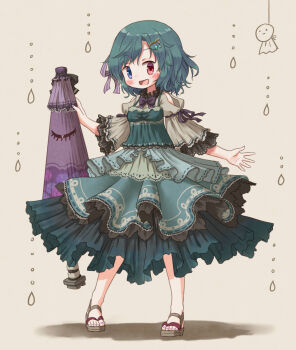 1girl alternate_costume arinu beige_background blue_hair blush bow bowtie commentary_request dress female_focus frilled_dress frills full_body hair_ornament hair_ribbon heterochromia highres karakasa_obake lace layered_dress looking_at_viewer open_mouth purple_umbrella ribbon sandals smile solo standing tatara_kogasa teruterubouzu touhou umbrella