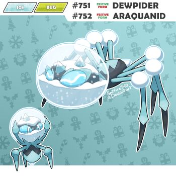 alternate_form animal_focus araquanid artist_name blue_background bubble bug candy candy_cane character_name christmas_present christmas_tree christmas_wreath commentary cosmicspitfire deviantart_username dewpider english_commentary english_text evolutionary_line fakemon food full_body gen_7_pokemon gift gingerbread_man highres holly nintendo no_humans outline pokedex_number pokemon pokemon_(creature) pokemon_focus snow snowflakes star_(symbol) white_outline wreath