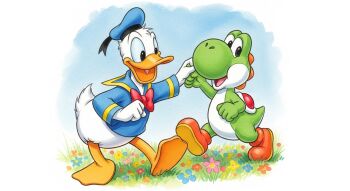 2boys animal_ears artmakers bow donald_duck duck_boy furry furry_male hat looking_at_viewer male_focus mario_(series) mickey_mouse_&amp;_friends multiple_boys nintendo open_mouth painting_(medium) shirt smile tail traditional_media watercolor_(medium) yoshi