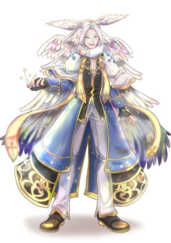 Rule 34 | 1boy, arch bishop (ragnarok online), black gloves, black shirt, black shoes, blue coat, blue eyes, capelet, coat, commentary request, feathered wings, fingerless gloves, full body, gloves, gold trim, head wings, long hair, long sleeves, looking at viewer, male focus, official alternate costume, open clothes, open coat, open mouth, pants, philippa, poring, ragnarok online, shirt, shoes, simple background, smile, solo, sparkle, standing, white background, white capelet, white hair, white pants, white wings, wings