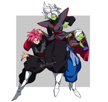 3boys black_bodysuit black_pants blue_pants blue_sash bodysuit boots colored_skin dougi dragon_ball dragon_ball_super earrings finger_to_mouth fused_zamasu goku_black green_skin grey_eyes jewelry jiajiajiajiaa long_sleeves looking_at_another mohawk multiple_boys pants pink_hair pointy_ears potara_earrings purple_shirt red_sash saiyan sash shirt short_hair shushing spiked_hair super_saiyan super_saiyan_rose sweat white_footwear white_hair zamasu