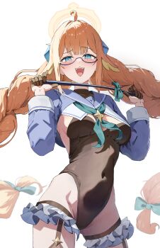 1girl absurdres aqua_eyes aqua_neckerchief black_leotard blue_archive blue_sailor_collar blue_shrug blush bodysuit braid braided_twintails breasts commentary covered_navel garter_straps glasses gloves half_gloves halo halter_leotard halterneck highres holding holding_riding_crop leotard long_hair long_sleeves looking_at_viewer medium_breasts monmo_mu neckerchief official_alternate_costume open_mouth orange_hair riding_crop sailor_collar shimiko_(blue_archive) shimiko_(magical)_(blue_archive) shrug_(clothing) simple_background smile solo symbol-only_commentary thigh_strap twin_braids white_background yellow_halo