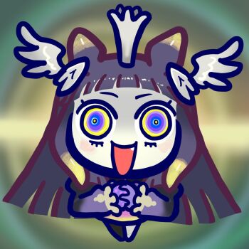 1girl blonde_hair blue_eyes blunt_ends crown fang gradient_hair head_wings hololive hololive_english long_hair looking_at_viewer multicolored_eyes multicolored_hair ninomae_ina'nis open_mouth purple_eyes purple_hair smile tentacle_hair very_long_hair virtual_youtuber wings wugedou yellow_eyes