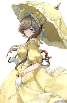 1girl alternate_costume automaton_(object) bare_shoulders blue_eyes bonnet brown_hair closed_mouth commentary_request dress genshin_impact gloves highres holding holding_umbrella looking_at_viewer puffy_short_sleeves puffy_sleeves sandrone_(genshin_impact) short_hair_with_long_locks short_sleeves smile solo taira_(taira_oekaki) umbrella white_gloves yellow_dress