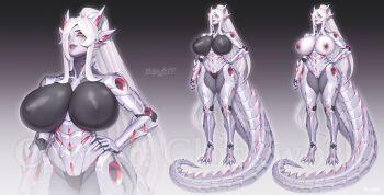 1girl absurdres android breasts colored_skin dragon_girl dragon_tail full_body godzilla_(series) hand_on_own_hip highres huge_breasts joints kaiju kolga_art long_hair looking_at_viewer mecha mecha_girl mecha_musume mechagodzilla mechanical_arms mechanical_legs mechanical_tail monster_girl multiple_views nipples ponytail red_eyes robot robot_girl robot_joints science_fiction tail toho very_long_hair watermark white_hair white_skin