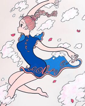 1girl 3kaku_illust barefoot black_eyes blue_dress bow china_dress chinese_clothes cloud dress falling_petals from_side full_body hair_bow hair_pulled_back hashtag-only_commentary highres long_hair multi-tied_hair original petals pink_clouds pink_hair short_sleeves simple_background solo traditional_media white_background