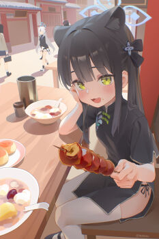 4girls absurdres animal_ear_fluff animal_ears architecture artist_name bag black_dress black_hair black_shirt blue_archive blue_halo blush bowl brown_shirt china_dress chinese_clothes commentary dress east_asian_architecture elbow_on_table extra_ears food food_on_face food_request from_side green_eyes grey_hair halo head_rest highres holding holding_bag incoming_food kokona_(blue_archive) loli long_hair looking_at_viewer looking_to_the_side multiple_girls open_mouth outdoors panties panty_peek plate red_halo shirt shorts shun_(blue_archive) shun_(small)_(blue_archive) side-tie_panties sitting solo solo_focus soup table tanghulu thighhighs twintails underwear white_shorts white_thighhighs xiaofan2005