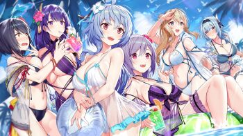 6+girls ahoge akusema arm_up asymmetrical_docking ball bare_shoulders beachball bikini bird black_bikini black_hair blonde_hair blue_hair blue_sky blunt_bangs blush bracelet braid breast_press breasts cherry cloud collarbone commentary cup day dot_nose drawstring drinking drinking_straw eula_(genshin_impact) flower food frilled_bikini frills fruit ganyu_(genshin_impact) genshin_impact goat_horns hair_between_eyes hair_flower hair_ornament hairband hand_up hibiscus highres holding holding_cup horns innertube jean_(genshin_impact) jewelry keqing_(genshin_impact) kujou_sara large_breasts leaning_forward lens_flare long_hair looking_to_the_side mole mole_under_eye multiple_girls nail_polish navel o-ring o-ring_bikini o-ring_top orange_(fruit) orange_slice outdoors palm_tree pink_flower purple_bikini purple_eyes purple_hair purple_nails raiden_shogun red_flower short_hair side-tie_bikini_bottom single_braid sky smile strap_gap swim_ring swimsuit teeth thigh_strap thighs tree upper_teeth_only v-shaped_eyebrows vision_(genshin_impact) water white_bikini white_flower yellow_eyes