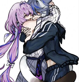 2girls ^_^ artist_name bow castorice_(honkai:_star_rail) castorice_(luckin_coffee)_(honkai:_star_rail) cipher_(honkai:_star_rail) closed_eyes commentary english_commentary fingerless_gloves gloves grey_hair happy highres honkai:_star_rail honkai_(series) hug jacket long_hair low-tied_long_hair midriff_peek minzhengi multiple_girls off_shoulder official_alternate_costume pants prehensile_tail purple_hair ribbon skirt tail teeth upper_teeth_only very_long_hair white_background white_streaks yuri