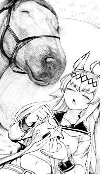 1girl absurdres animal animal_ears closed_eyes greyscale highres horse horse_ears horse_girl lying midriff monochrome navel niwarhythm oguri_cap_(racehorse) oguri_cap_(umamusume) on_back open_mouth pillow sleeping umamusume