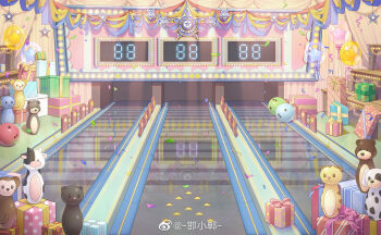 ball balloon bowling_alley bowling_ball bowling_pin box confetti fence game_cg gift gift_box hanxiaodan highres lovebrush_chronicles no_humans official_art picket_fence reflective_floor scenery score star_(symbol) star_balloon themed_object watermark weibo_watermark wooden_fence