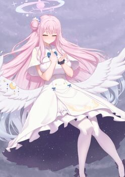 1girl blue_archive blue_bow blush bow breasts capelet closed_mouth cream_cod dress feathered_wings flower hair_bun hair_flower hair_ornament hair_scrunchie halo large_breasts long_hair mika_(blue_archive) pantyhose pink_hair purple_flower purple_halo purple_scrunchie purple_shoes scrunchie shoes sidelocks single_side_bun solo white_capelet white_dress white_pantyhose white_scrunchie white_wings wings wrist_scrunchie yellow_eyes