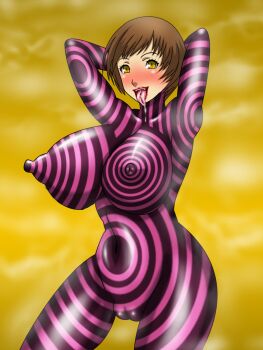 Rule 34 | armpits, arms up, blush, breasts, brown hair, highres, huge breasts, lipstick, looking at viewer, makeup, my (mitinaka), persona, persona 4, pussy, red lips, saliva, satonaka chie, shadow (persona), shadow chie, tongue, tongue out, yellow eyes