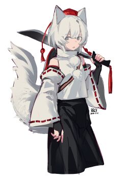 Rule 34 | 1girl, absurdres, animal ears, artist name, black skirt, breasts, bridal gauntlets, chinese commentary, commentary request, dated, detached sleeves, grey eyes, grey hair, hat, highres, holding, holding sword, holding weapon, inubashiri momiji, looking at viewer, open mouth, pom pom (clothes), red hat, ribbon-trimmed sleeves, ribbon trim, rryy, short hair, simple background, skirt, small breasts, solo, sword, tail, tokin hat, touhou, weapon, white background, wolf ears, wolf girl, wolf tail