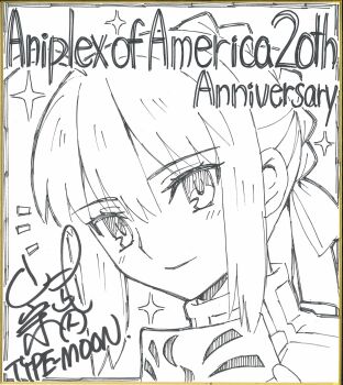 1girl absurdres anniversary armor artoria_pendragon_(fate) bow closed_mouth copyright_name cropped_shoulders fate/stay_night fate_(series) hair_between_eyes hair_bow hatching_(texture) high_collar highres medium_hair monochrome notice_lines official_art picture_frame saber_(fate) second-party_source sidelocks signature sketch smile solo star_(symbol) takeuchi_takashi