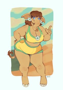 1girl absurdres animal_ears artist_name blue_eyes breasts brown_hair cleavage earrings elephant_daisy elephant_ears elephant_girl elephant_tail flower_earrings full_body furry furry_female hand_on_own_hip highres jewelry looking_at_viewer mario_(series) mario_kart mario_kart_world nintendo official_alternate_costume paggi princess_daisy princess_daisy_(swimwear)_(mario_kart_world) shorts solo sports_bra super_mario_bros._wonder yellow_shorts yellow_sports_bra