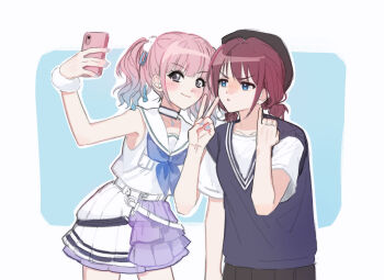 2girls black_hat blue_hair blue_nails blue_sweater_vest blush brown_hair choker closed_mouth colored_tips commentary daejigogibg girls_band_cry hashtag-only_commentary hat hina_(girls_band_cry) iseri_nina low_twintails multicolored_hair multiple_girls outline pink_hair pinky_out purple_skirt selfie shirt short_hair short_sleeves short_twintails skirt sweater_vest twintails v white_choker white_outline white_shirt