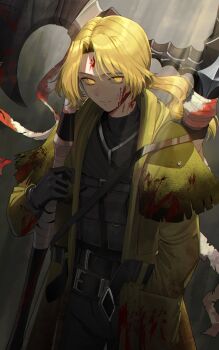 1boy a_certain_sinclair_(project_moon) absurdres belt blonde_hair blood blood_on_face closed_mouth commentary english_commentary facial_mark forehead_mark goback highres holding holding_weapon limbus_company looking_at_viewer male_focus official_alternate_costume partially_shaded_face project_moon sinclair_(project_moon) solo standing sword sword_on_back torn_clothes wavy_hair weapon weapon_on_back yellow_eyes