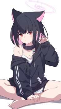 1girl animal_collar animal_ears black_hair black_jacket blue_archive camisole cat_ears collar colored_inner_animal_ears colored_inner_hair commentary_request drawstring extra_ears halo highres jacket kazusa_(blue_archive) looking_at_viewer medium_hair mikokomiyazawa multicolored_hair pink_hair pink_halo red_eyes simple_background solo two-tone_hair white_camisole