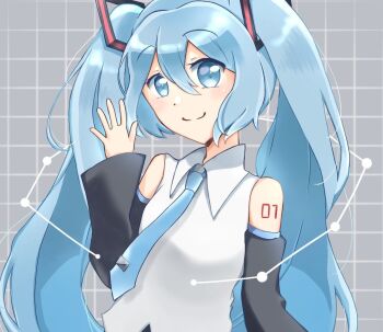 1girl arm_tattoo black_sleeves blue_eyes blue_hair blue_necktie blush closed_mouth collared_shirt commentary_request detached_sleeves grey_background hair_between_eyes hatsune_miku long_sleeves looking_at_viewer miku_day mimikkyu_(mimikyunosub) necktie number_tattoo partial_commentary shirt sleeveless sleeveless_shirt smile solo tattoo tie_clip twintails vocaloid white_shirt