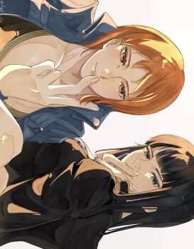 2girls black_dress black_hair blue_eyes blunt_bangs collared_jacket dress fuji_1w highres jacket long_hair long_sleeves looking_at_viewer multiple_girls nami_(one_piece) nico_robin one_piece orange_eyes orange_hair short_hair simple_background smile white_background