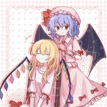Rule 34 | 2girls, alternate costume, bat wings, black wings, blonde hair, breasts, brushing another's hair, brushing hair, center frills, chair, chinese commentary, closed eyes, closed mouth, collared shirt, commentary request, fby1313133, flandre scarlet, frilled shirt, frilled shirt collar, frilled skirt, frills, hair between eyes, hair brush, happy, hat, holding, holding hair brush, medium hair, mob cap, multicolored wings, multiple girls, on chair, open mouth, pink background, pink hat, pink shirt, pink skirt, puffy short sleeves, puffy sleeves, purple hair, red eyes, remilia scarlet, shirt, short sleeves, siblings, sisters, skirt, small breasts, touhou, watermark, wings, wooden chair, wrist cuffs