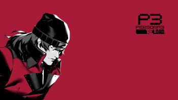 1boy absurdres aragaki_shinjirou beanie black_hat black_sweater buttons coat copyright_name double-breasted frown hat highres lapels male_focus medium_hair notched_lapels official_art persona persona_3 persona_3_reload red_background red_coat red_eyes second-party_source shimada_azusa simple_background solo sweater trench_coat