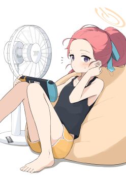 1girl alternate_costume aqua_ribbon bare_arms bare_legs bare_shoulders barefoot bean_bag_chair black_tank_top blue_archive blush closed_mouth commentary_request convenient_leg dolphin_shorts electric_fan foot_out_of_frame forehead hair_pulled_back hair_ribbon halo hand_up handheld_game_console highres holding holding_handheld_game_console knees_together_feet_apart knees_up long_hair looking_at_viewer millennium_science_school_logo nintendo_switch notice_lines official_alternate_hairstyle ponytail power_symbol purple_eyes red_hair ribbon shadow short_shorts shorts simple_background sitting solo sweatdrop tank_top toes white_background yellow_halo yellow_shorts yoimura yuzu_(blue_archive)