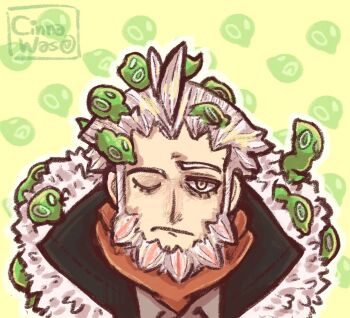 1boy artist_name beard character_background cinnawas closed_mouth commentary english_commentary eyelashes facial_hair fur_trim gen_6_pokemon legendary_pokemon lysandre_(pokemon) male_focus nintendo on_head one_eye_closed outline pokemon pokemon_(creature) pokemon_legends:_z-a pokemon_on_head portrait short_hair white_eyes white_hair white_outline yellow_background zygarde zygarde_cell